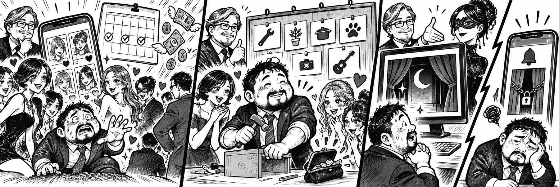 マッチングアプリの月額制と写真中心の競争、出会い系サイトの掲示板とポイント制、Web版とアプリ版の機能差を三場面で表した白黒ギャグ漫画