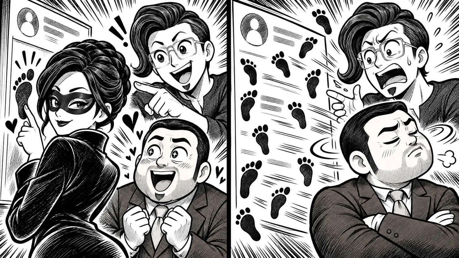 募集への反応と無関係な足跡を見分けるカモシダ、京子、ブンタの白黒ギャグ漫画