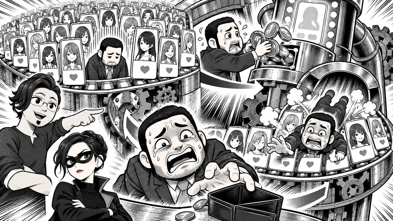 ブンタがマッチングアプリで埋もれ、課金しても選ばれず、再び課金する循環を表した白黒ギャグ漫画