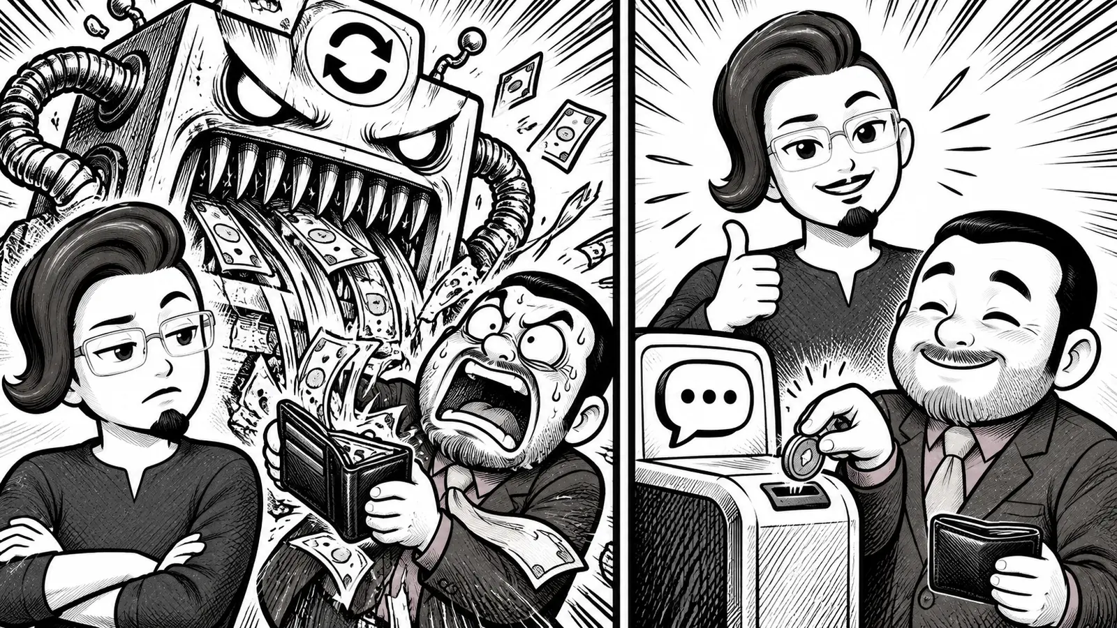 マッチングアプリの月額制と出会い系サイトのポイント制を財布で比較した白黒ギャグ漫画