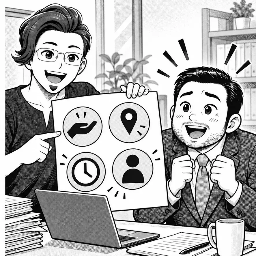 募集文の四つの要点をカモシダから教わるブンタ