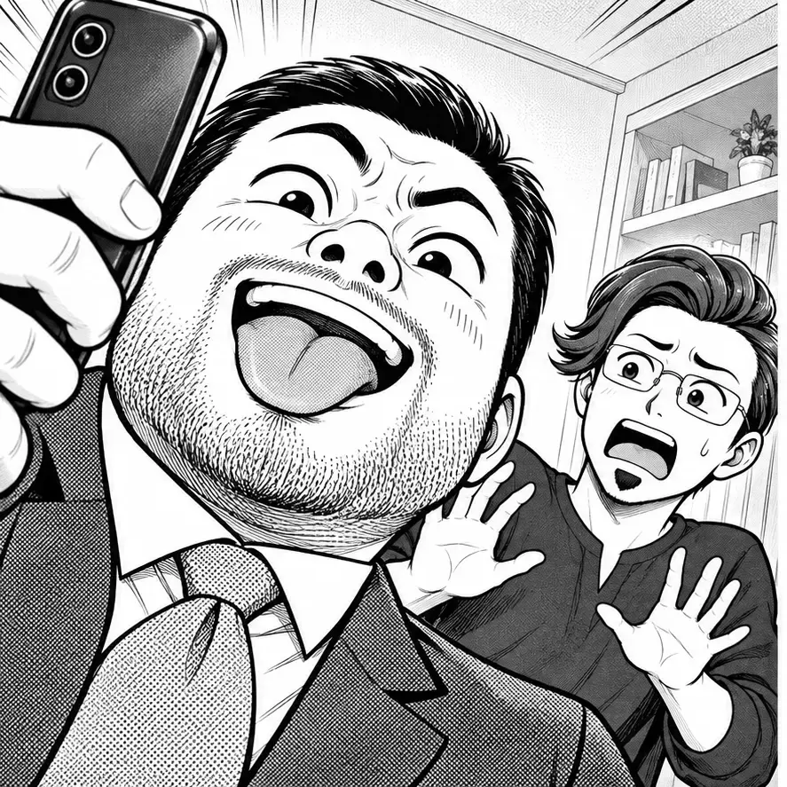 近すぎる下からの自撮りでカモシダを驚かせるブンタ