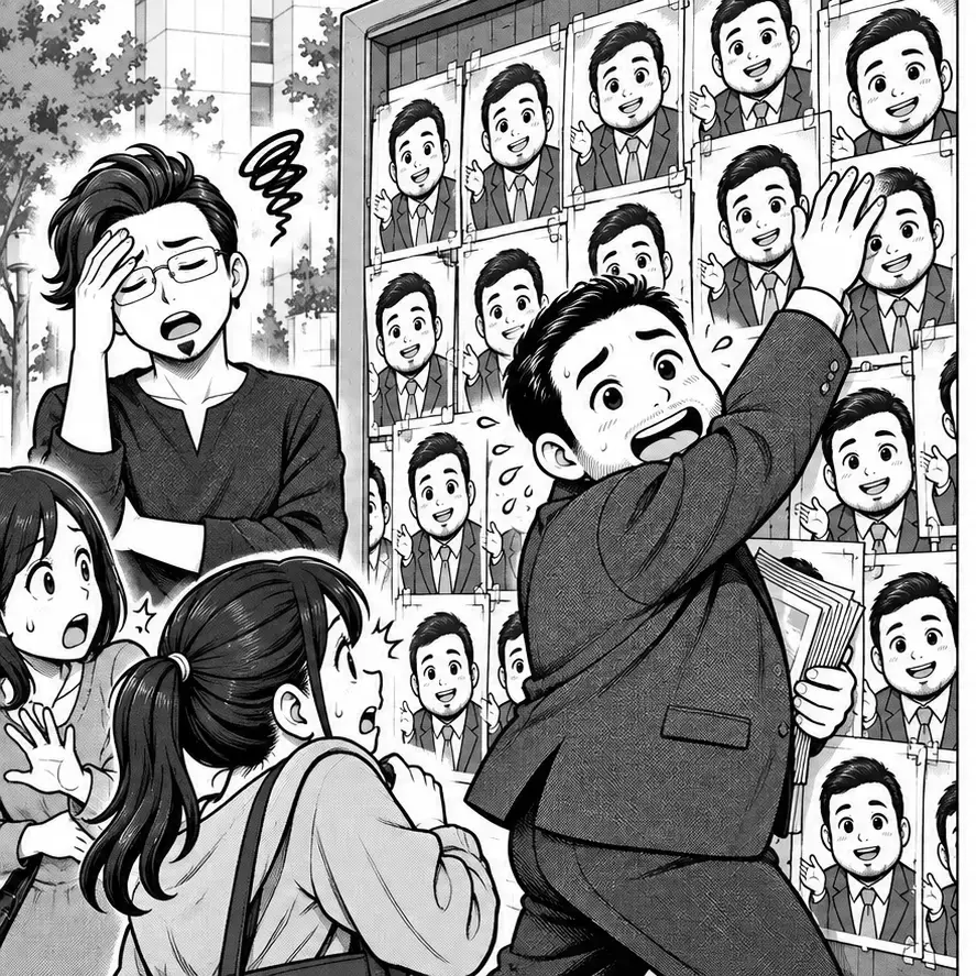 同じ募集を貼りすぎて掲示板を自分の顔で埋めるブンタ