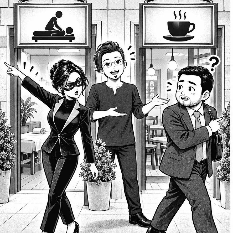 整体やマッサージの募集を正しい掲示板へ案内する京子とカモシダ