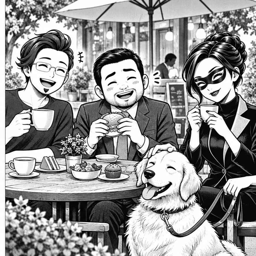 食事や散歩を自然に楽しむ三人と犬