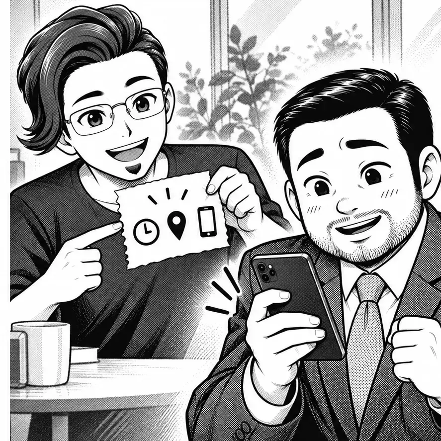 日時と場所と連絡方法だけを簡潔に確認するカモシダとブンタ