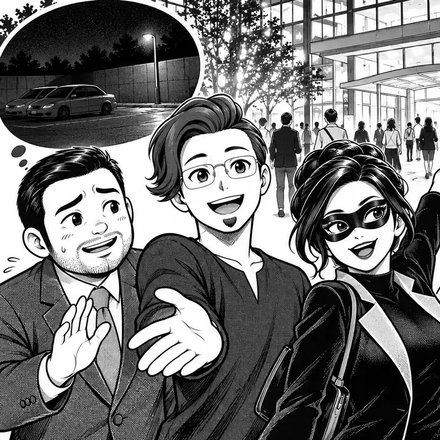 暗い駐車場を避け明るく人の多い場所を選ぶ三人