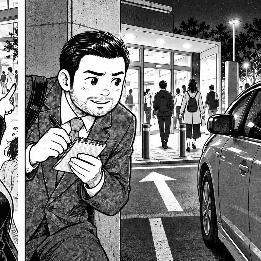 早めに到着し入口や人通りや車の位置を確認するブンタ