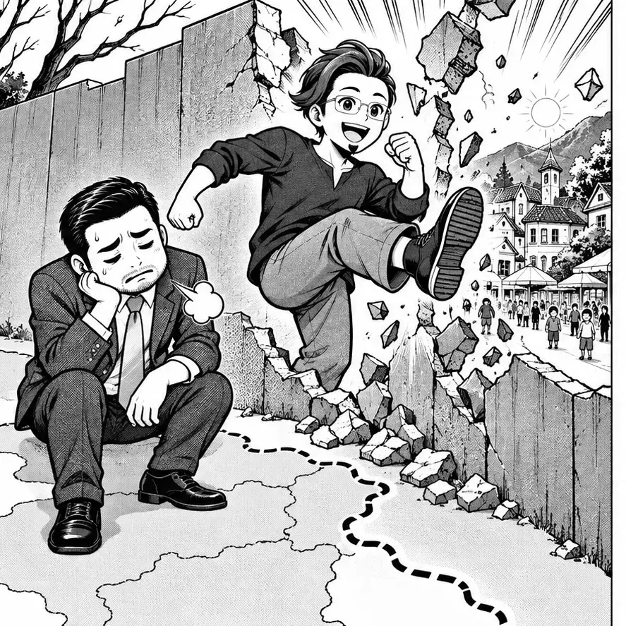 県境の壁を越えて近い生活圏へ進むカモシダとブンタ