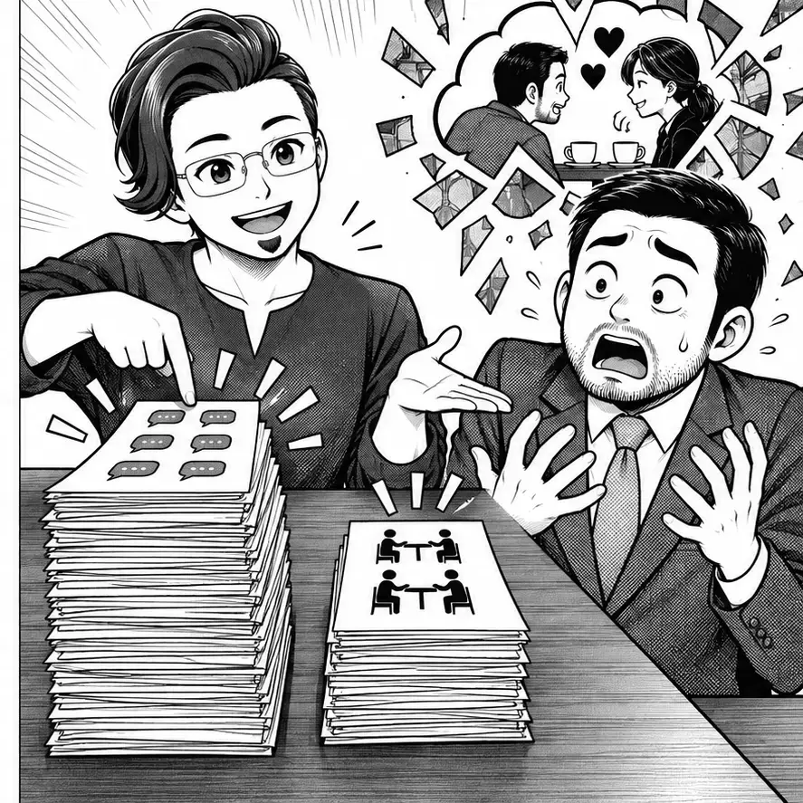 三か月分の実際の記録を机に広げて比較するカモシダとブンタ