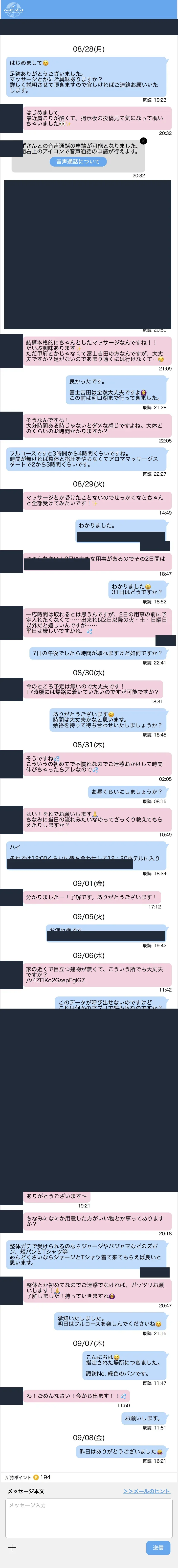 匿名化したハッピーメールのやり取り記録