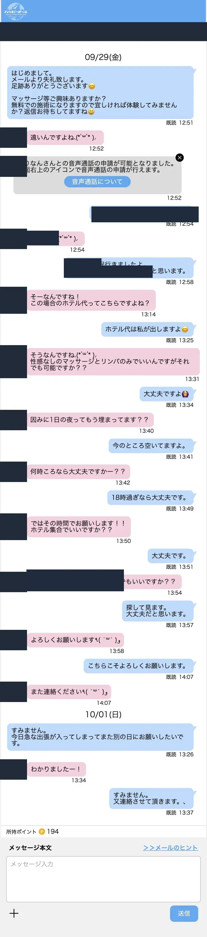 匿名化したハッピーメールのやり取り記録