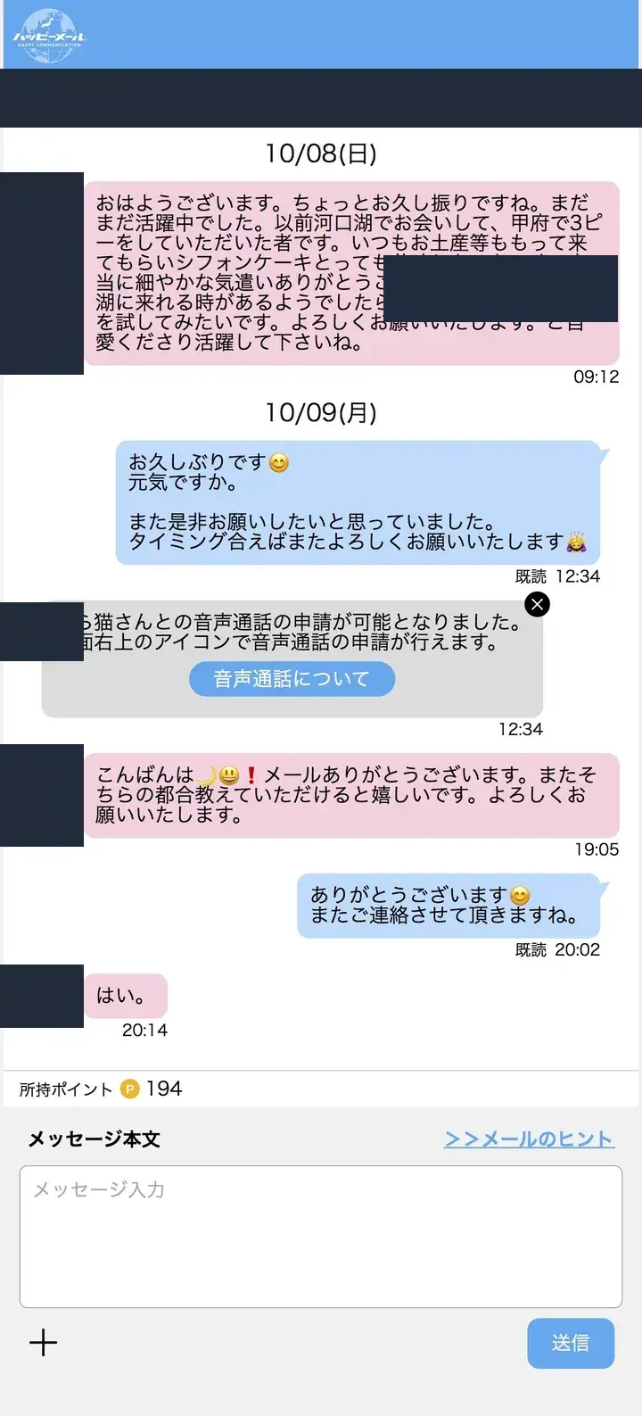 匿名化したハッピーメールのやり取り記録